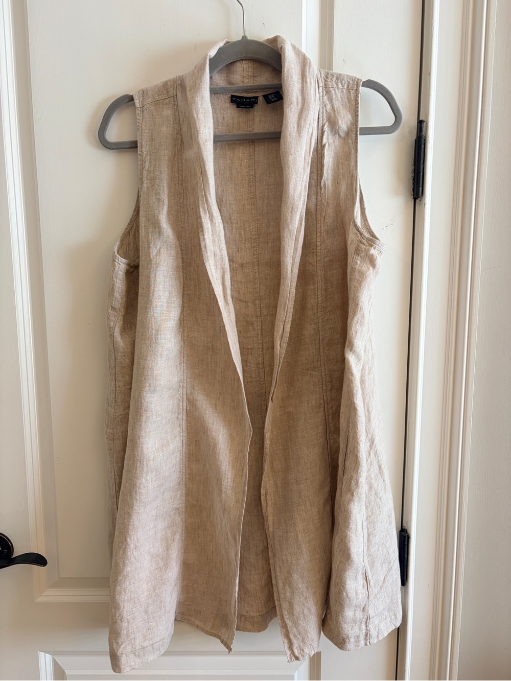 Tahari Women’s M 100% Linen Open Front Vest Duster Tan Beige Sleeveless